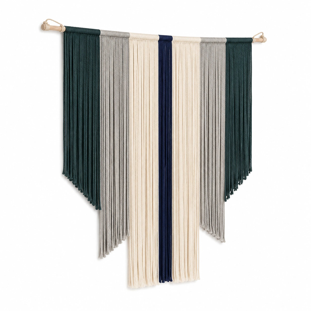 Wandteppich 100 x 120 cm aus Baumwollkordel Grün Grau Creme mit Holzstab im Boho-Stil