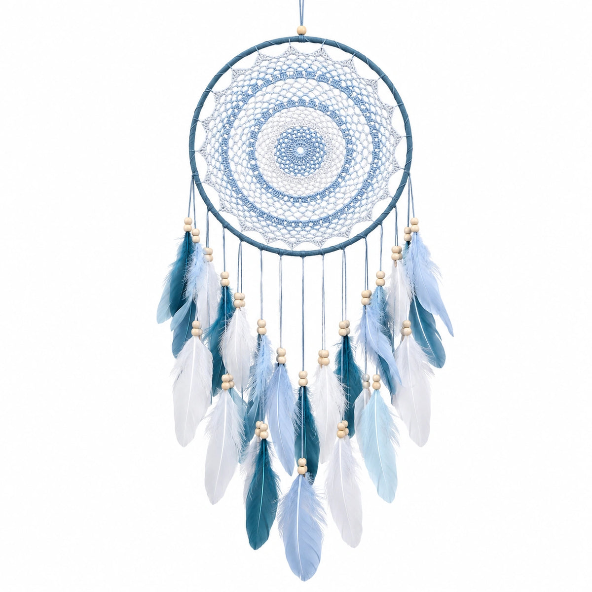 Traumfänger 30 cm Blau Weiß mit Federn und Makramee Wanddekoration