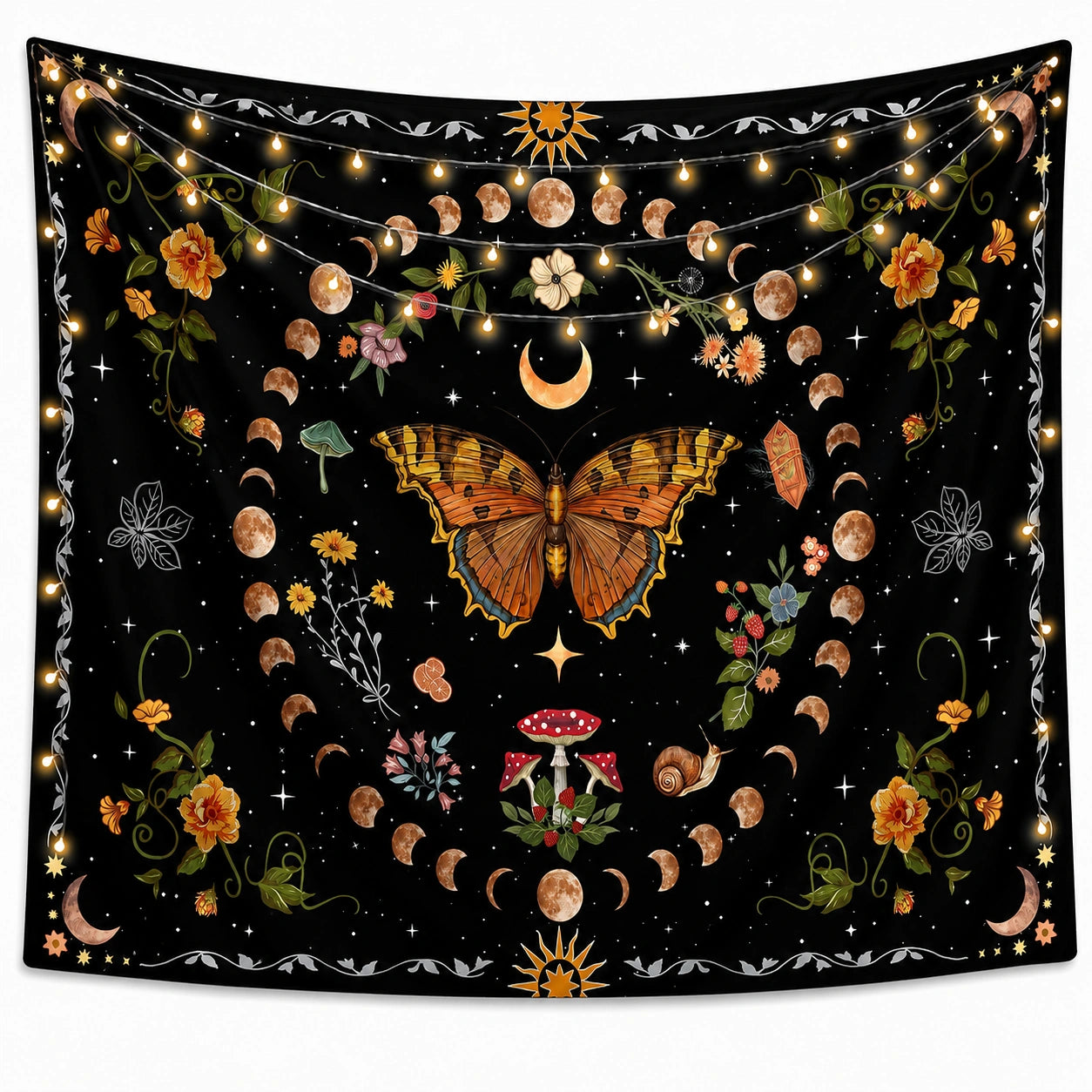Wandteppich 150 x 150 cm Polyester Schwarz mit Schmetterling Mondphasen Blumenmotiv als Wanddekoration
