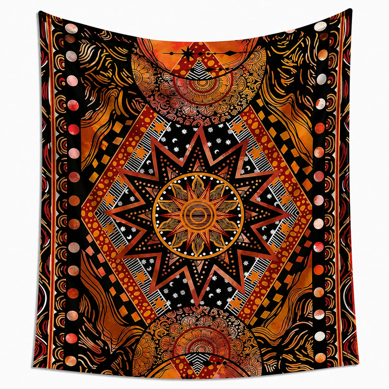 Wandteppich 150 x 130 cm aus Polyester Schwarz Orange mit geometrischem Sonnenmotiv