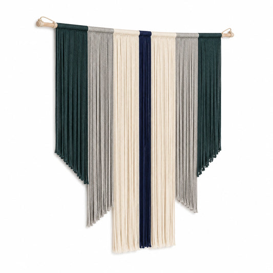 Wandteppich 100 x 120 cm aus Baumwollkordel Grün Grau Creme mit Holzstab im Boho-Stil