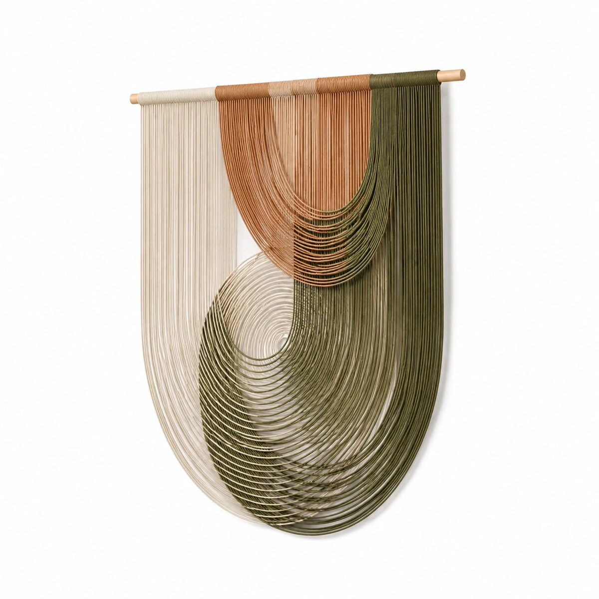 Makramee Wandteppich 70 x 120 cm aus Baumwollkordel in Creme Terrakotta Olivgrün mit Holzstab