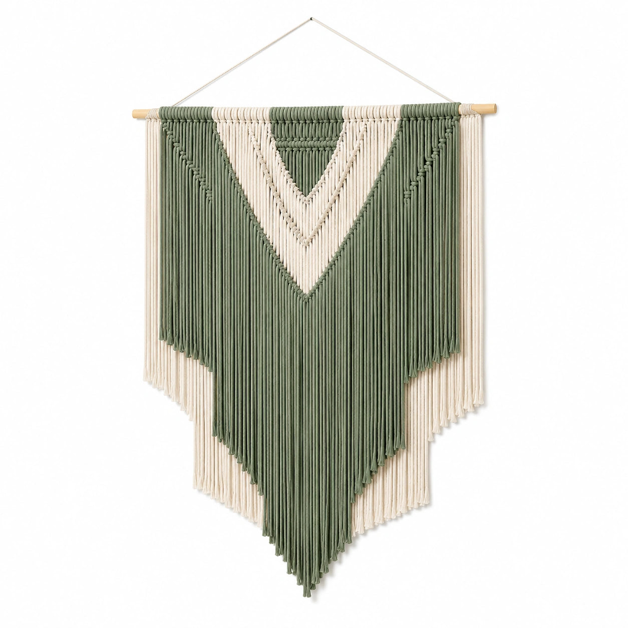 Makramee Wandbehang 60 x 90 cm aus Baumwolle Grün Creme mit Fransen Boho Dekoration
