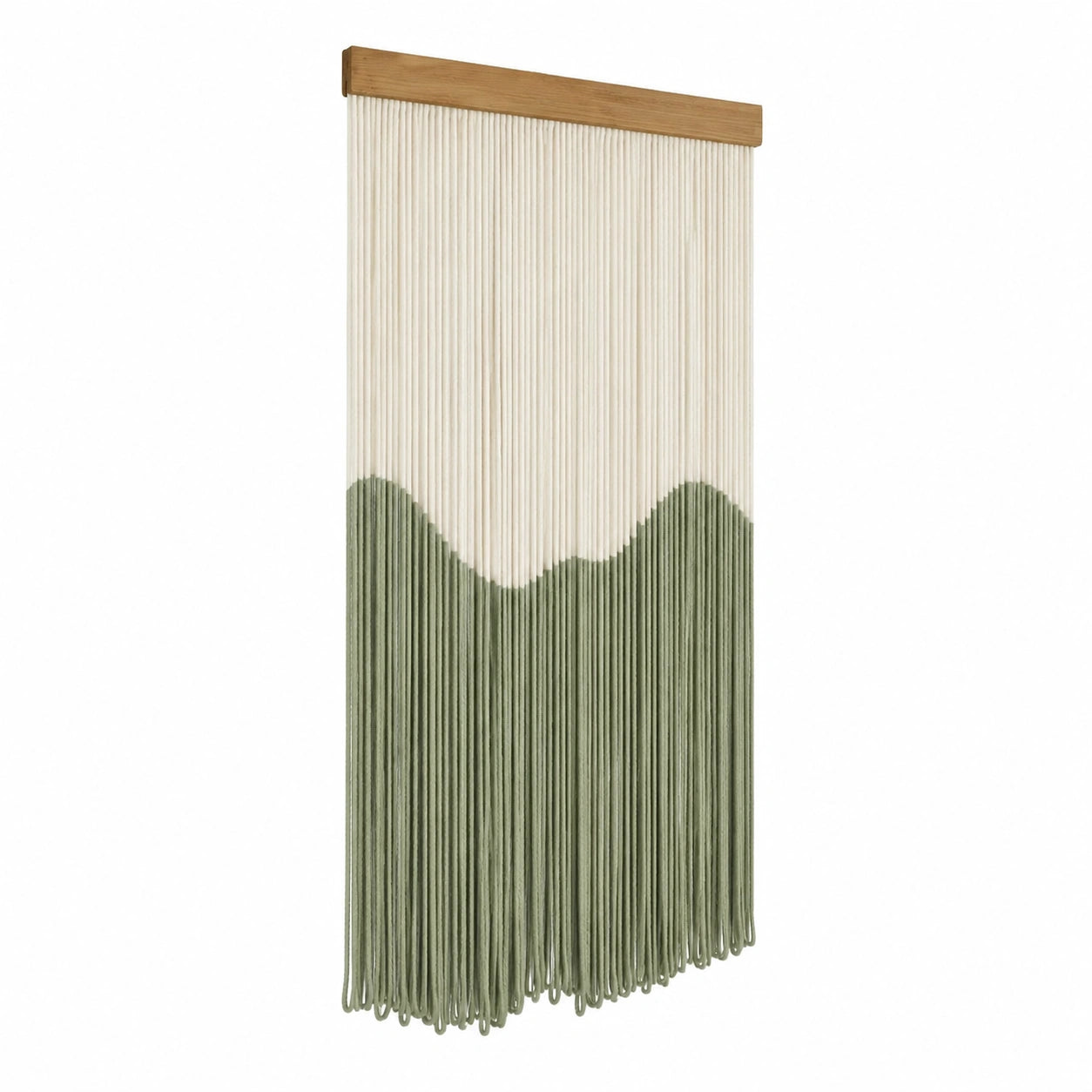 Makramee Wandbehang 60 x 120 cm aus Textilgarn in Creme Salbeigrün mit Holzleiste für Innenräume
