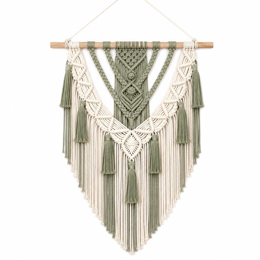 Makramee Wandteppich 80 x 110 cm Baumwollkordel Salbeigrün Creme Boho Wanddekoration