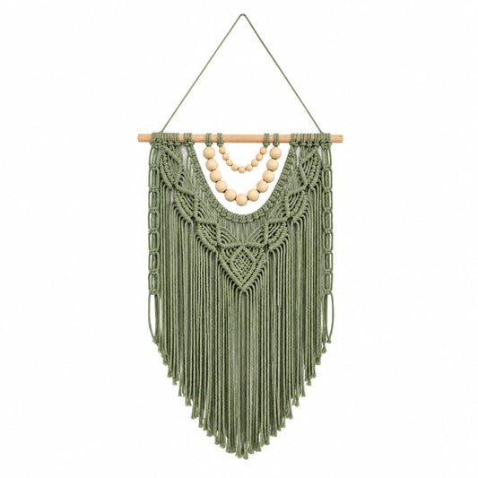 Makramee Wandbehang 45 x 90 cm aus Baumwolle in Salbeigrün mit Holzstab im Boho Stil