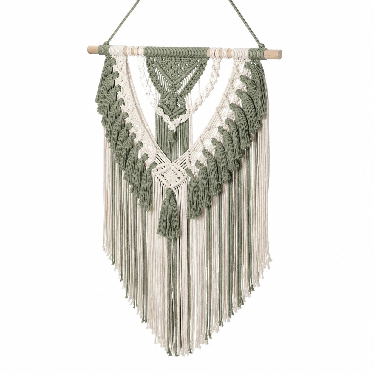 Makramee Wandbehang 50 x 90 cm aus Baumwolle in Salbeigrün und Creme im Boho-Stil