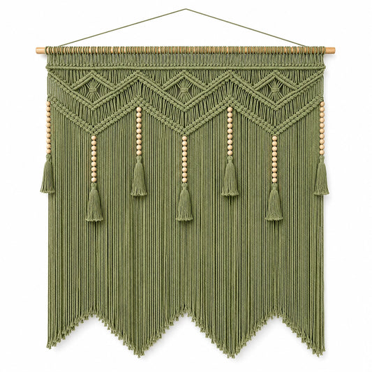 Makramee Wandteppich 100 x 120 cm Baumwollkordel Grün mit Holzstab im Boho-Stil