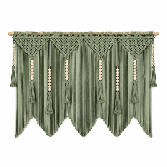 Makramee Wandteppich 100 cm x 90 cm Baumwolle Grün mit Holzstab im Boho Stil