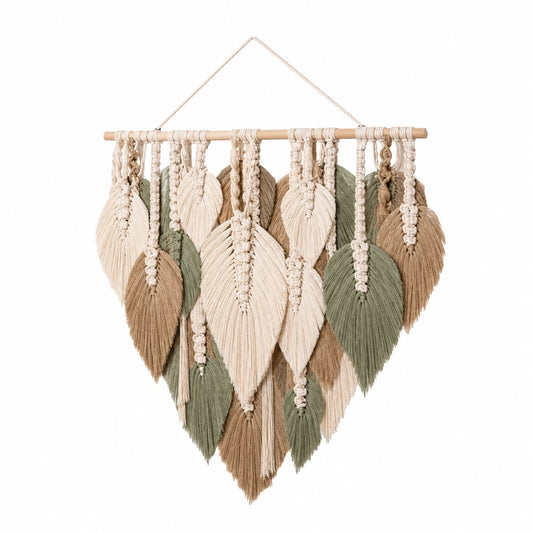 Makramee Wandbehang 75 x 100 cm Baumwolle Beige Grün Braun Boho Blattdesign