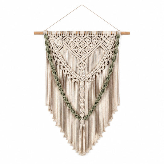 Makramee Wandteppich 50 x 90 cm aus Baumwolle in Creme Grün im Boho Stil