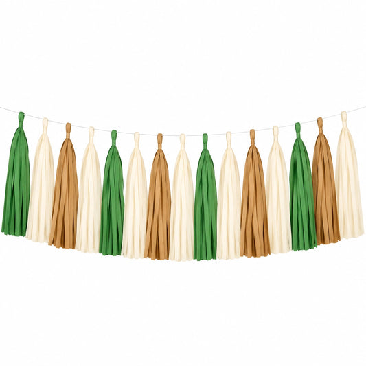Quastengirlande 300 cm Papier Grün Creme Braun hängende Partydekoration