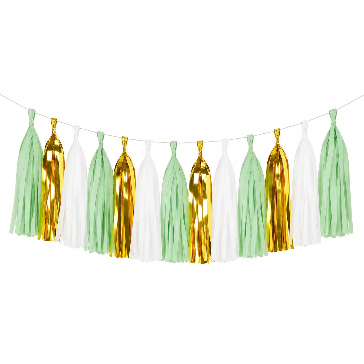 Quastengirlande 200 cm Papier Grün Weiß Gold zum Aufhängen