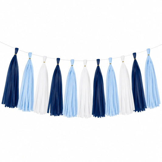 Quastengirlande 150 x 40 cm aus Seidenpapier Blau Hellblau Weiß für Partydekoration festlich