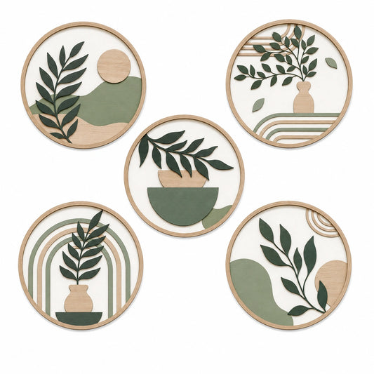 Wanddekoration 5er Set 30 cm Holz Grün Beige rund botanisch