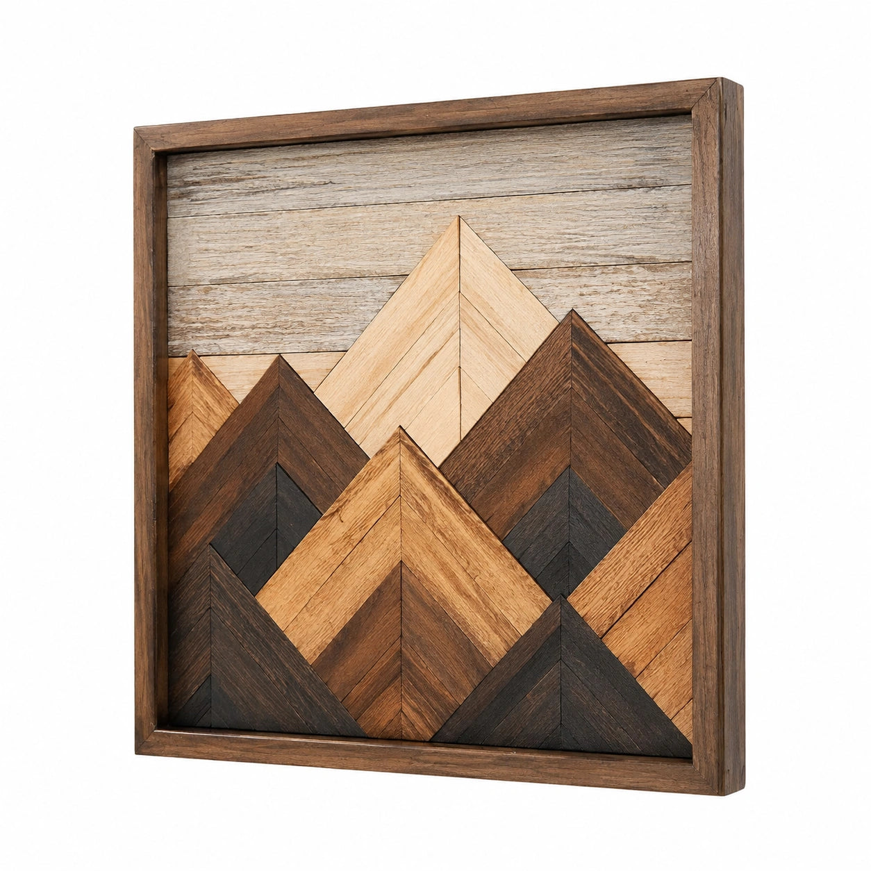 Holz Wandbild 60 x 60 cm in Braun Beige Schwarz mit Bergmotiv im rustikalen Stil