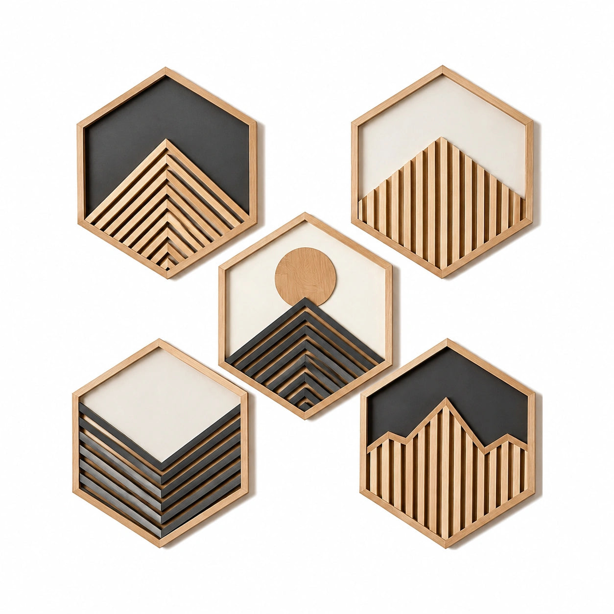 Wanddekoration 5er Set 30 x 35 cm aus Holz in Natur Schwarz Weiß geometrisch