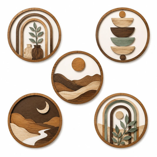 Wanddekoration Set 5-teilig Ø 30 cm aus Holz in Braun Beige Grün mit Naturmotiven