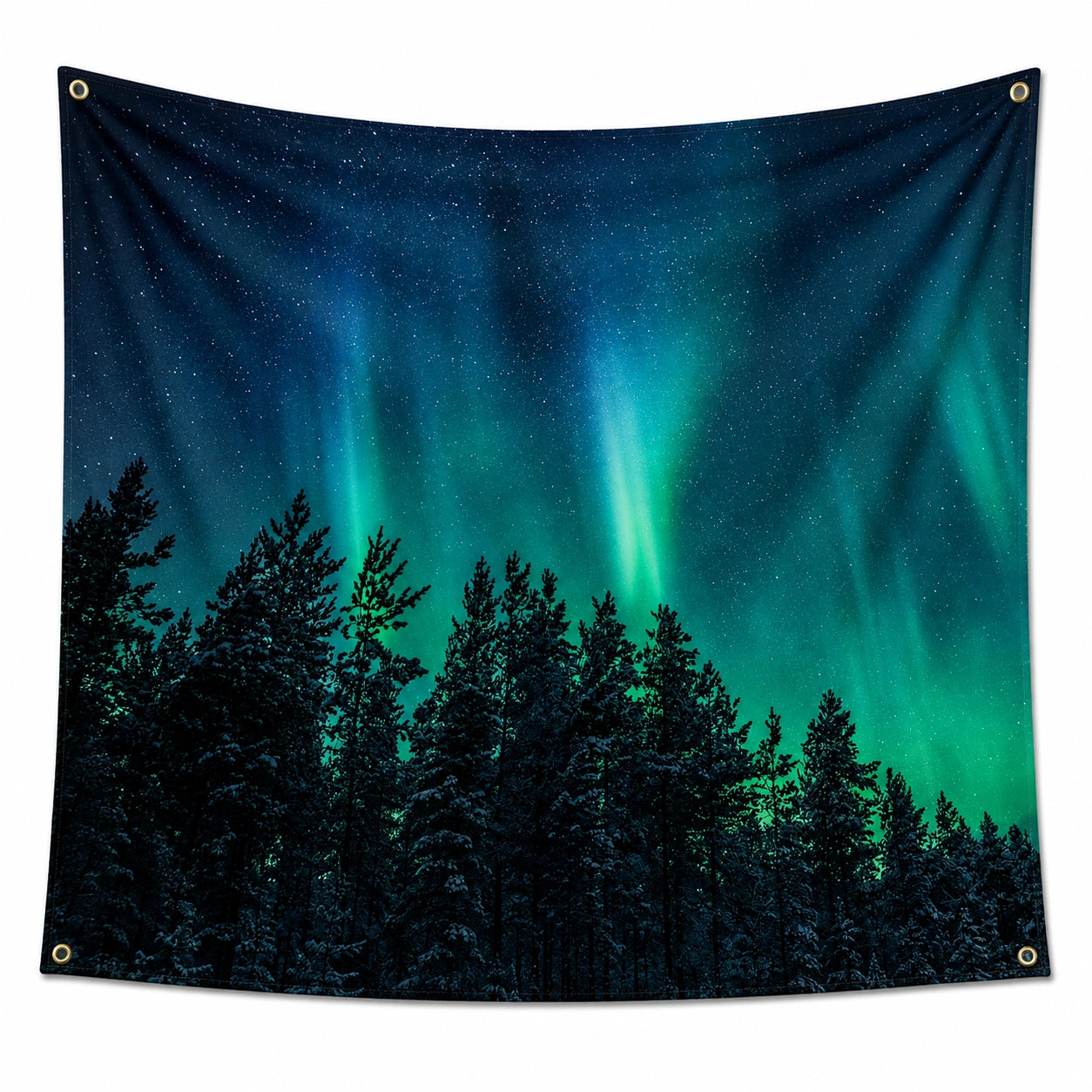 Wandteppich 150 x 130 cm aus Polyester in Dunkelblau Grün mit Nordlicht Waldmotiv