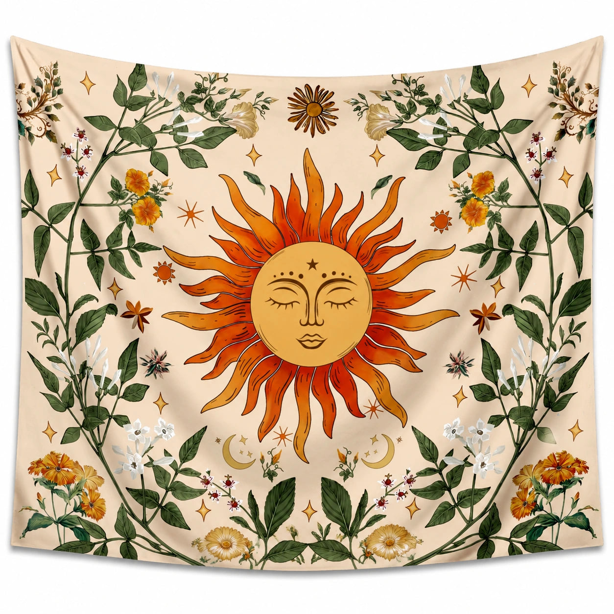 Wandteppich 150 cm x 150 cm aus Polyester in Beige mit Sonnen- und Blumenmotiv im Boho-Stil