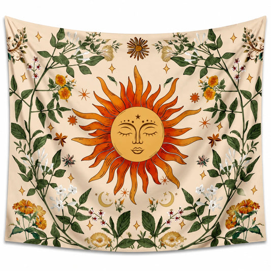 Wandteppich 150 cm x 150 cm aus Polyester in Beige mit Sonnen- und Blumenmotiv im Boho-Stil