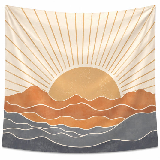 Wandteppich 150 x 150 cm aus Polyester in Creme Beige Orange Grau mit Sonnenaufgang Landschaftsmotiv
