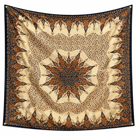 Wandteppich 150 x 150 cm aus Polyester in Schwarz Creme Braun mit Mandala Muster und Metallösen
