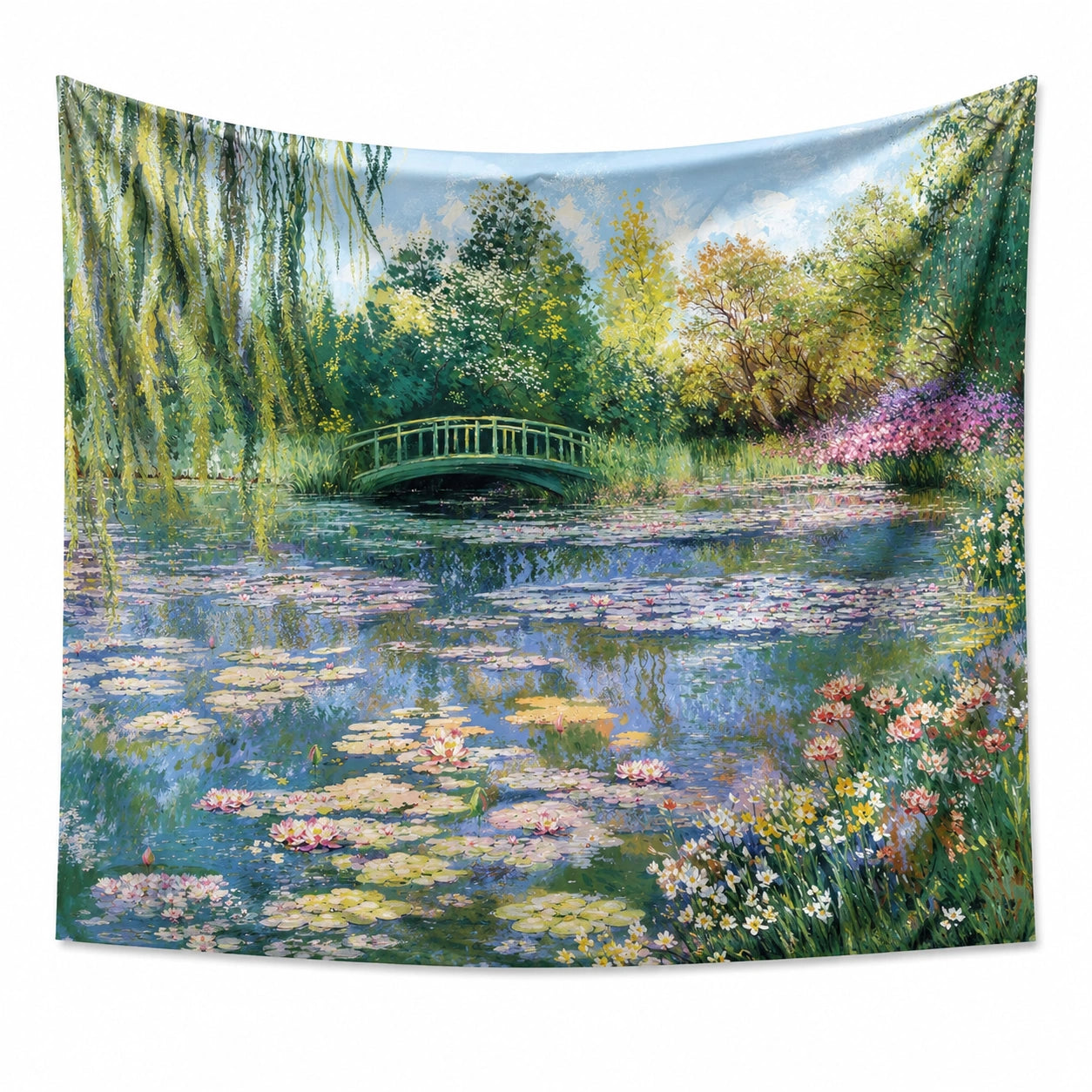 Wandteppich 150 x 150 cm Polyester Grün Blau mit Seerosenteich Landschaftsmotiv